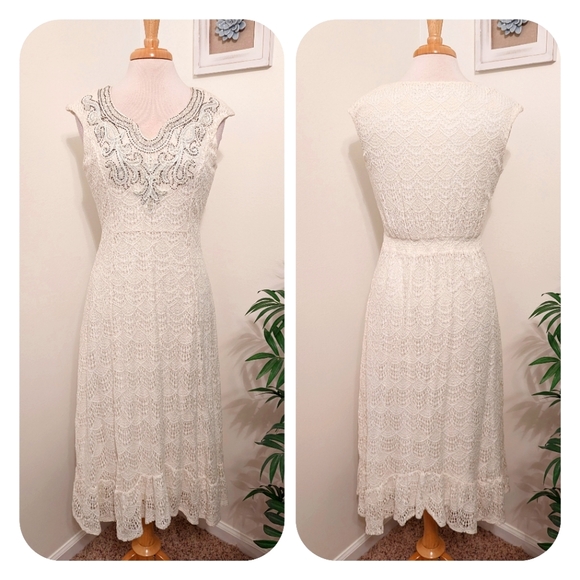 Reba Dresses & Skirts - Reba Vintage Lace Boho Embroidered Beaded Cap Sleeve Midi Dress Cream Medium